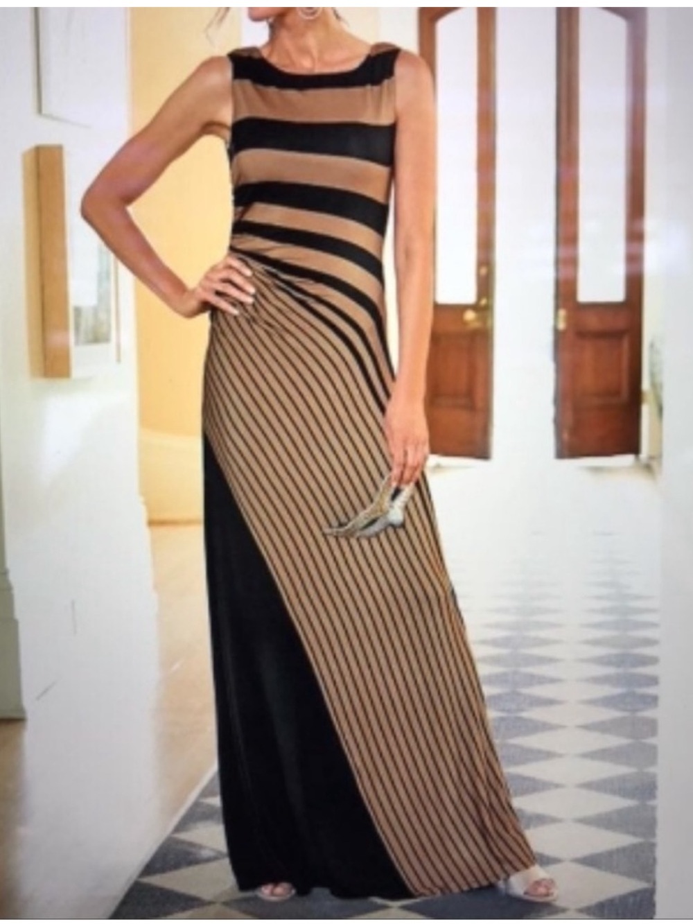 Soft Surroundings Dress Womens Large Black Tan Striped Here to Infinity Maxi